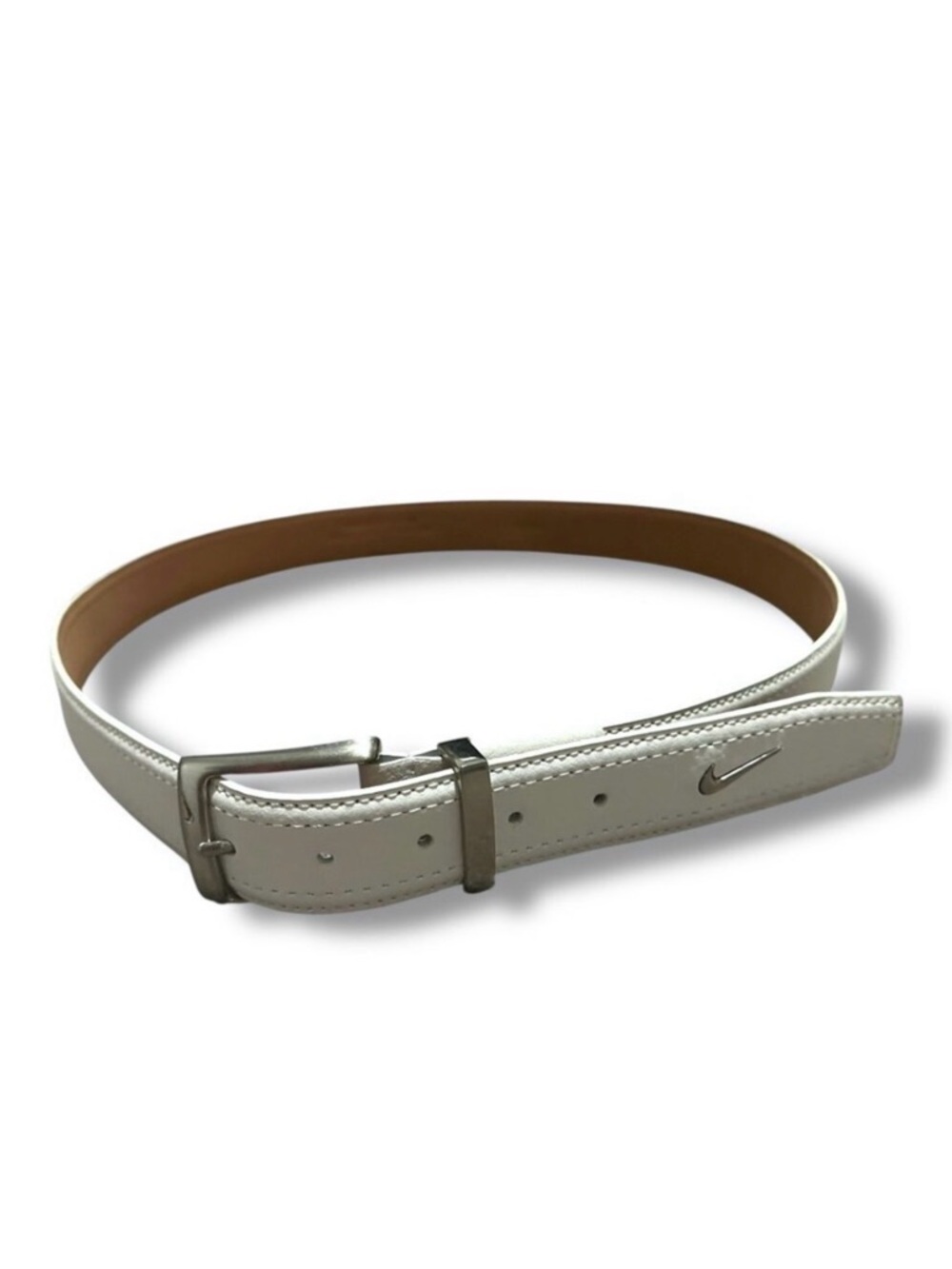 Nike Golf White Leather Belt Men's Size Large/XL Silver Buckle Logo Swoosh